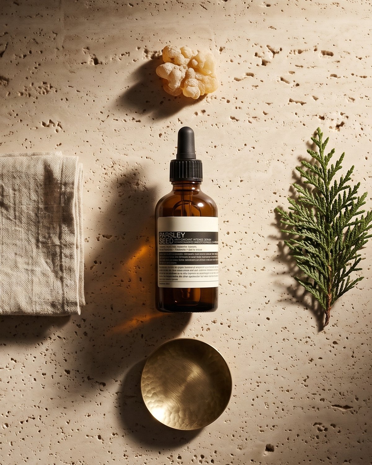 Top-down still life of the bottle, folded linen, resin, a brass dish and a sprig