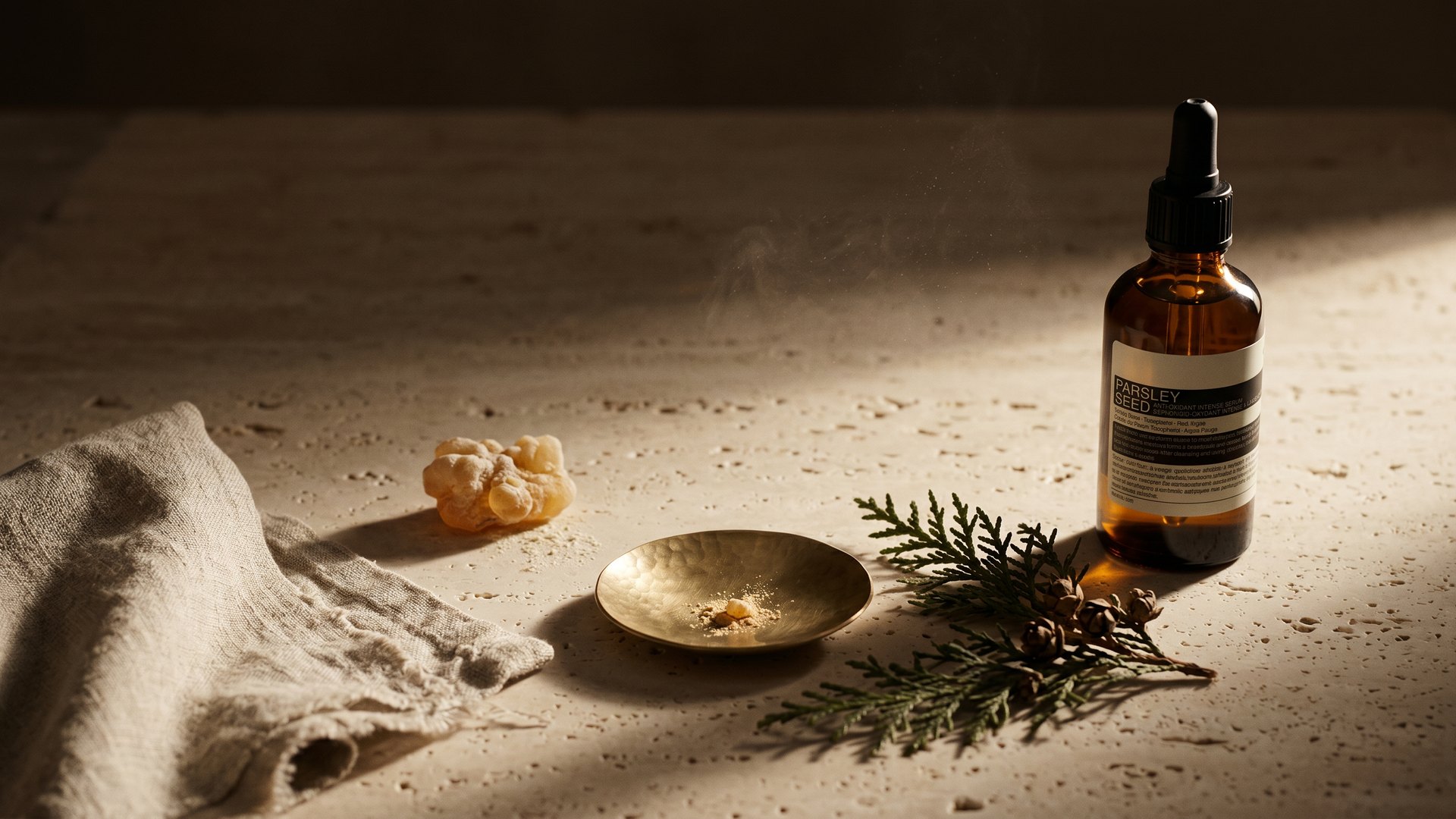 The bottle on travertine with a linen cloth, resin, a brass dish and a green sprig