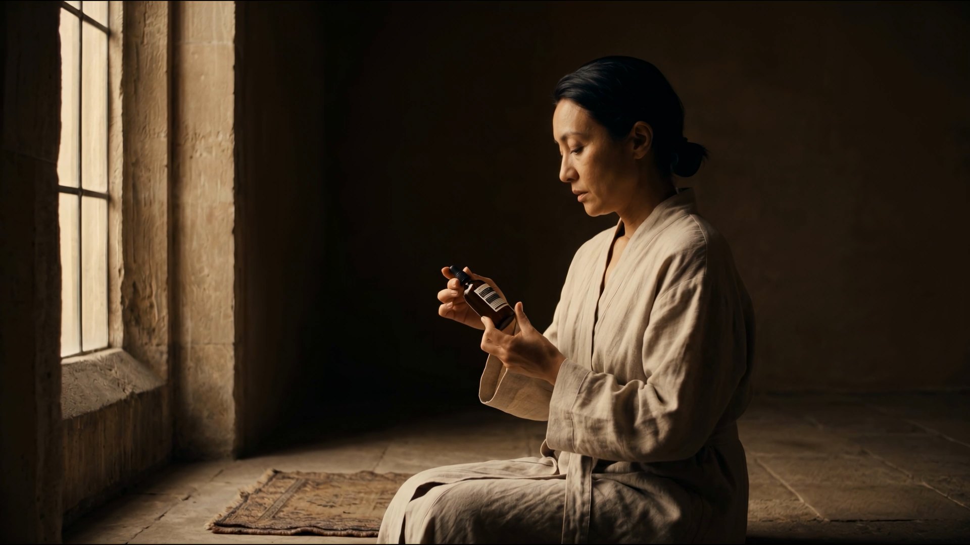 A woman in a linen robe holding the bottle by a stone window