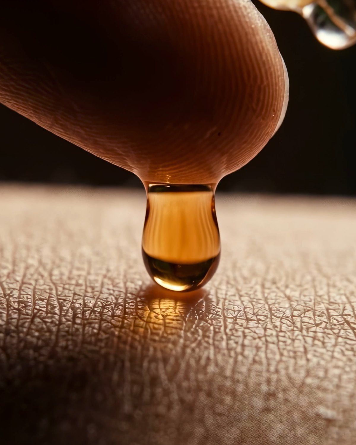 A single drop of serum falling from a fingertip onto skin