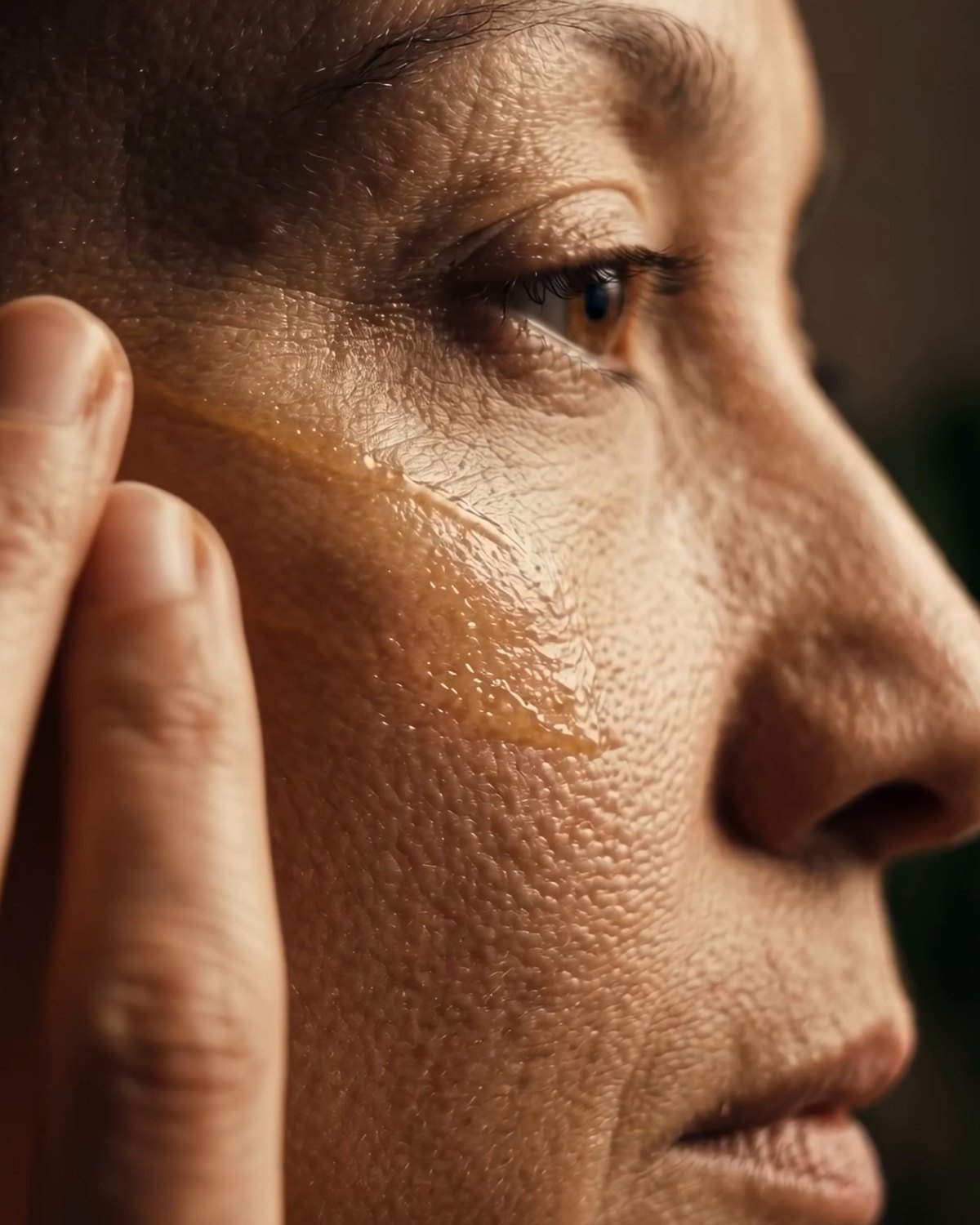 A woman pressing the serum into her cheek with two fingers