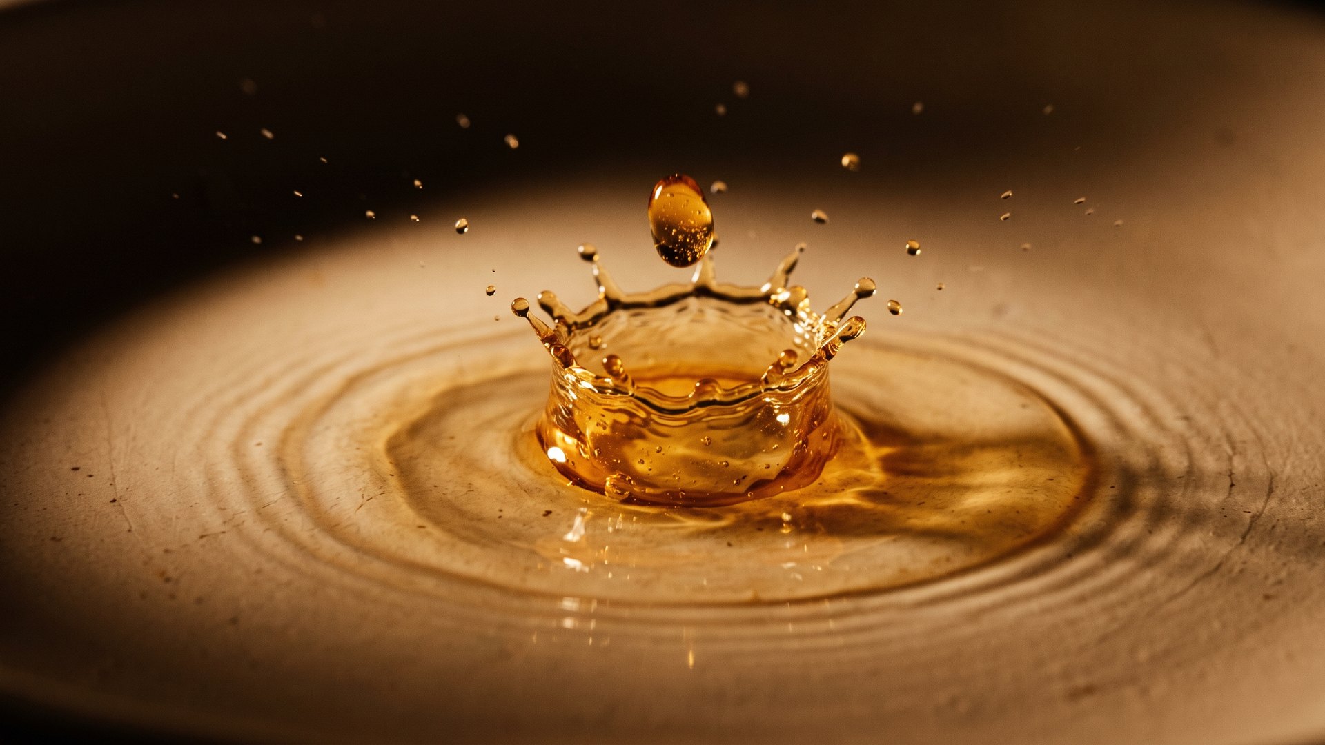 A drop of amber serum landing in a pool and forming a crown