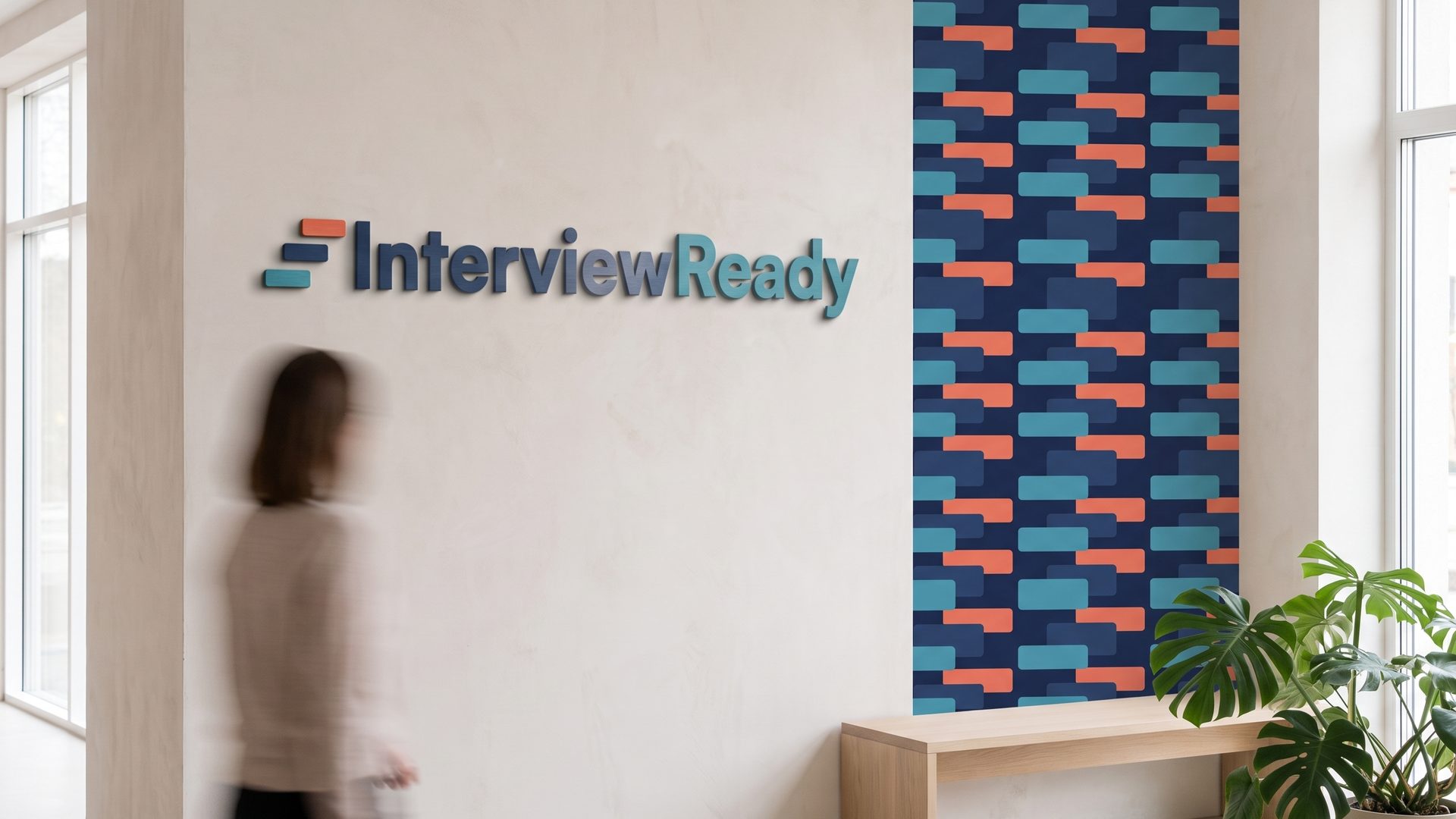 InterviewReady wordmark and pattern on a reception wall
